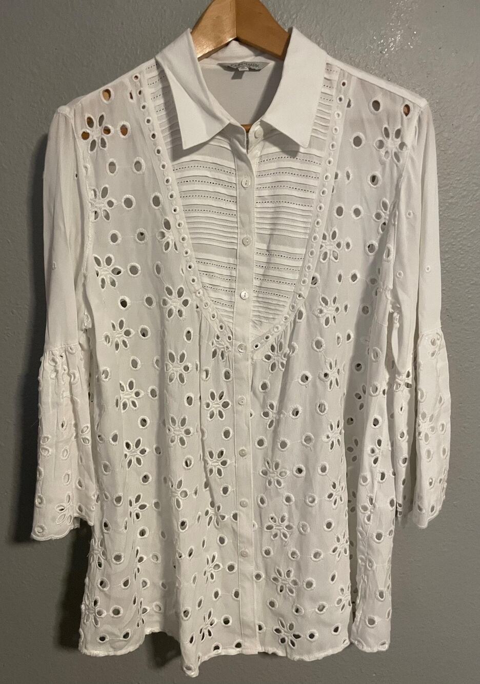 John Mark Womens Tunic Top Medium White Eyelet Lace 3/4 Bell Sleeve Boho Cottage